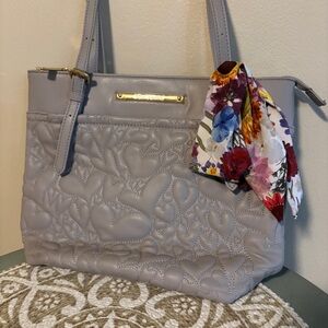 Betsey Johnson Gray Quilted Tote Bag with Floral Scarf Twilly